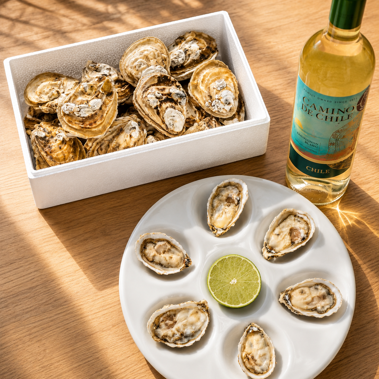Kit Dia dos Namorados 2 Dúzias de Ostras Le Petit + Vinho Chileno Sauvignon Blanc Camino de Chile